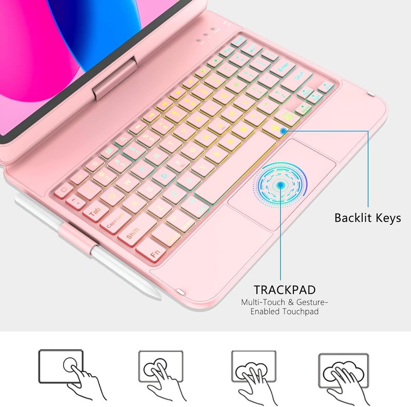 Cc Store for iPad (A16) 11th 10th Generation Case with Keyboard - 7 Color Backlit 360° Swivel Multi-Touch Track Pencil Holde for iPad 11-inch A16 2025 10th Gen 10.9 Inch 2022(Rose Gold) - Image 3